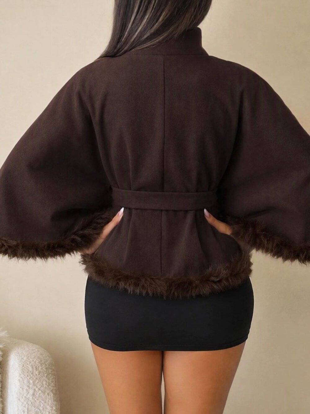 Brown Elegant Women's Single-Breasted Patchwork Faux Fur Cape Overcoat - Picture 2 of 6